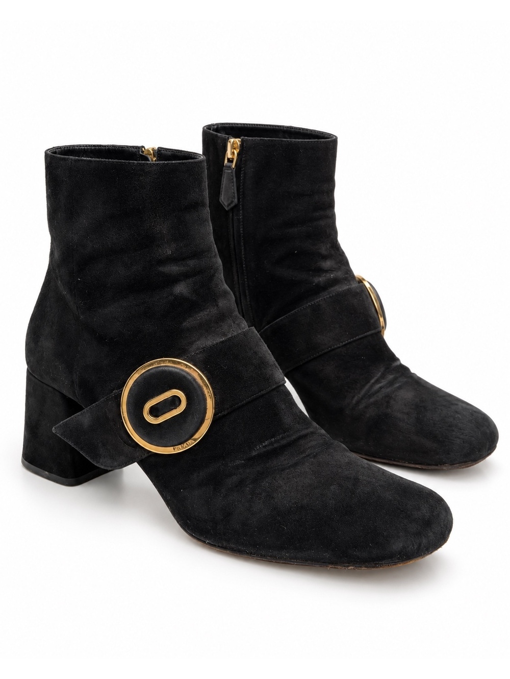Prada Black Suede Ankle Boots Gold Buckle Block Heel Size 40 Italy